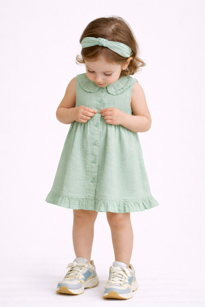 Dirkje Girls 2 Pc Set Mint Muslin Frill-Collar Dress & matching Headband Set