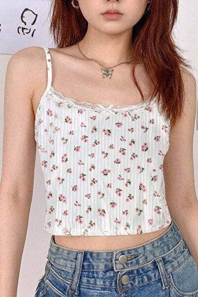 Köstebek White Lace Piece Collar with Pink Floral Print Ribbon and Y2K Strap ...