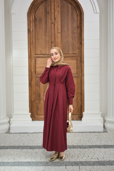 LOCCO Rochie de damă Beli cu pliuri guler de cămașă cu nasturi ascunși, roșu ...