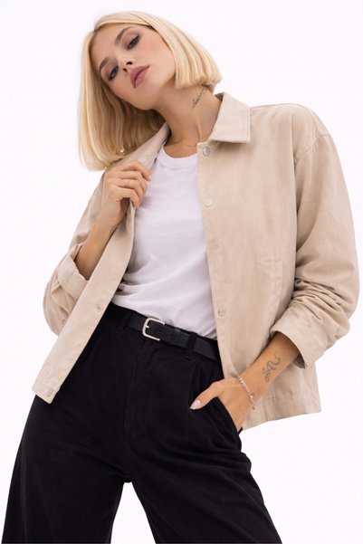 Montland Women's Stone Oversized Basic Gabardine Transitional Snap Detailed Inner C Pocketed Jacket