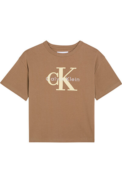 Calvin Klein تي شيرت بني اللون للأولاد مع تطريز شبكي
