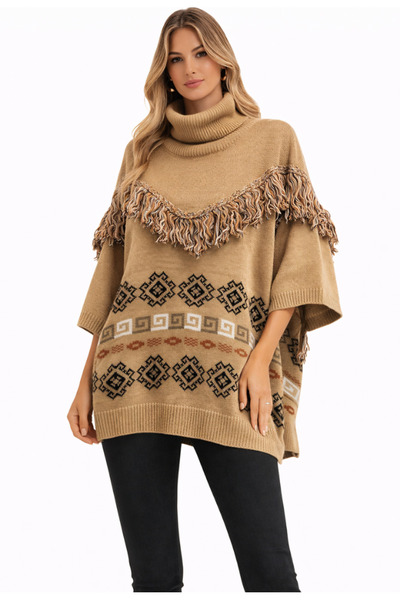 Nobrand Women's Knitted Poncho Beige with Ethnic Motif and Fringes, High Coll...