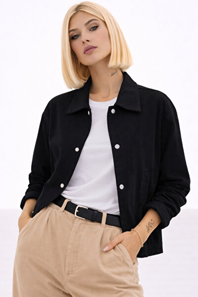 Montland Women's Black Oversized Basic Gabardine Transitional Snap Detailed I...