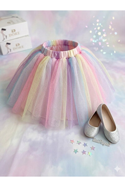 UMUTUN DOLABI Kız Çocuk Gökkuşağı Renkli Pastel Geçişli Simli Kabarık Tütü Etek