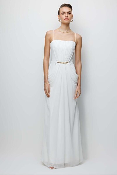 Nefeli Bel Aksesuar Detaylı Drapeli Maxi Boy Elbise EKRU