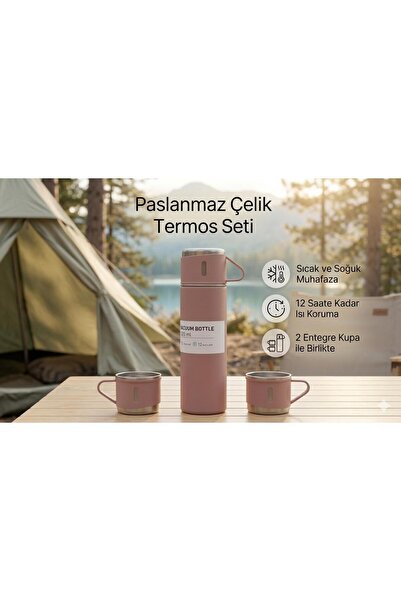Vacuum Bottle Paslanmaz Çelik Termos 3 Bardaklı 500 ML Kutulu Sızdırmaz Set