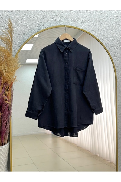 MİHRA STORE Πουκάμισο Sevina Oversize Μουσελίνας με Μία Τσέπη-NA854 Μαύρο