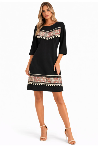 Nobrand Women's Dress with Traditional Ethnic Motif , Black, Elegant, 3/4 Sle...