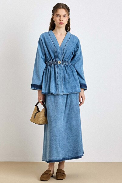 Olcay Fusta Jachetă cu talie elastică și închidere cu capse, denim set ALBAST...