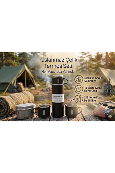 Vacuum Bottle Paslanmaz Çelik Termos 3 Bardaklı 500 ML Kutulu Sızdırmaz Set