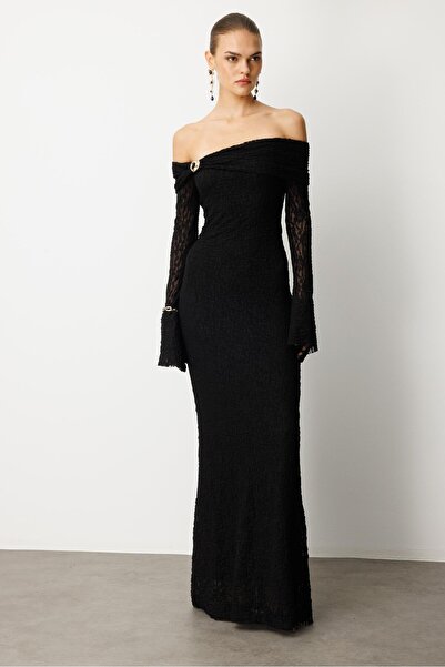 Nefeli Kayık Yaka Dantel Elbise SİYAH