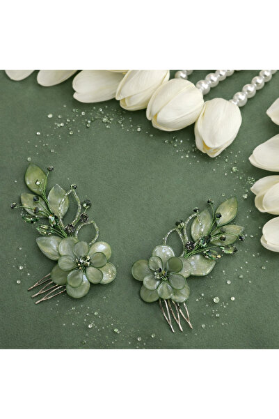PIRILTI Yeşil Çiçek Tasarımlı Kristal Taşlı Gelin Saç Aksesuarı 2 Li Set