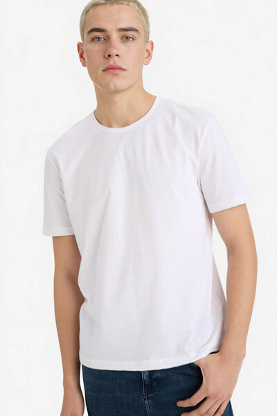 DeFacto 100% Cotton Heavy Fabric White Men's T-Shirt D5481Ax/Wt34