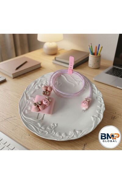 BMP MARKET Pink Cherry and Girl Themed Stylish Phone Cable Protector Set 🖤 💖 (18W/20W)