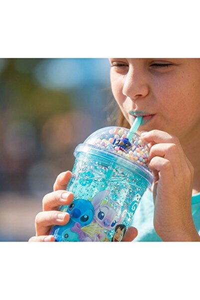 Kuzey Tacı Stitch 3D Figured and Colorful Beaded Straw Cup Glittery and Doubl...