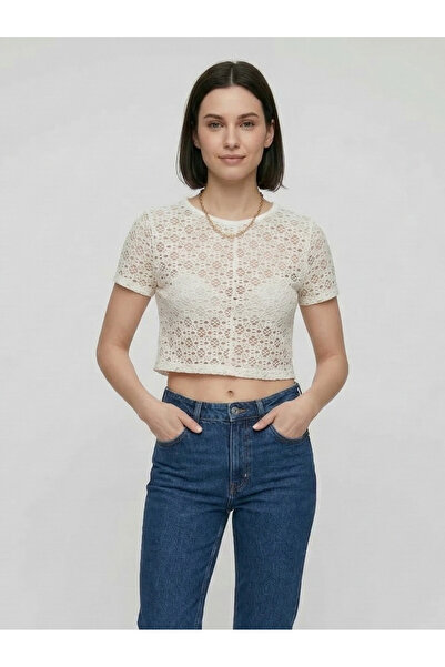 Andro Wear Γυναικείο T-Shirt Ecru Crew Neck Δαντέλα Με λεπτομέρειες δαντελωτή...