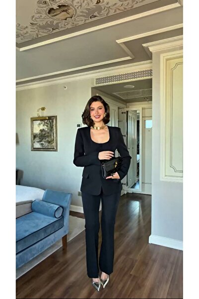 moda gk Kadın Ikili Tasarım Kare Yaka Blazer Ceket Pantolon Takım- siyah