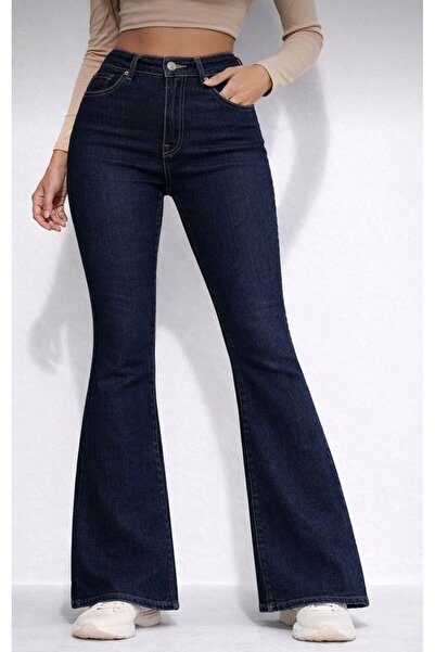 MRİABE Navy Blue Stretch Fabric Ispanyolpaca Women's Jeans Pants Wrap Around ...
