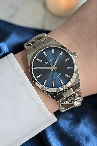 Ferrucci Zincir Model Çelik Bilezik Lacivert Kadran Metalik Kadın Kol Saati