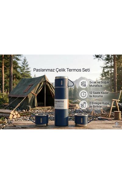 Vacuum Bottle Paslanmaz Çelik Termos 3 Bardaklı 500 ML Kutulu Sızdırmaz Set