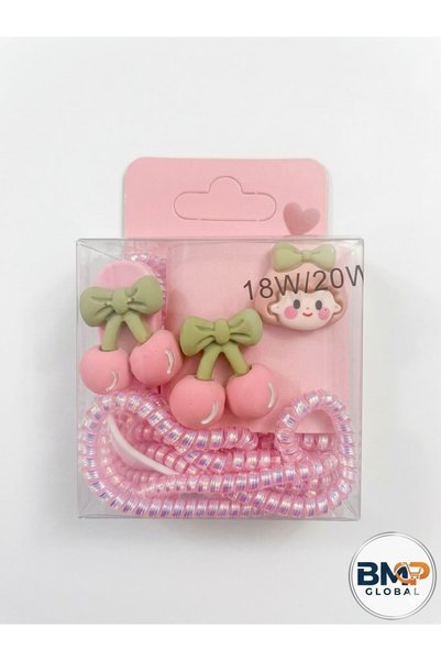 BMP MARKET Pink Cherry and Girl Themed Stylish Phone Cable Protector Set 🖤 💖 (18W/20W)