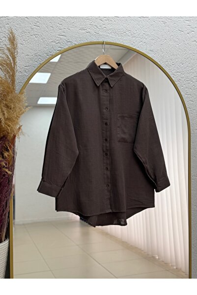 MİHRA STORE Πουκάμισο μουσελίνας μεγάλου μεγέθους με μία τσέπη Sevina-NA854 Καφέ
