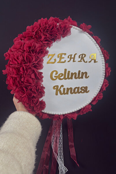 AZREN STORE Bordo Gelin Tefi Pleksi Isimli, Üç Boyut Çiçek ve Kurdele Süsleme...