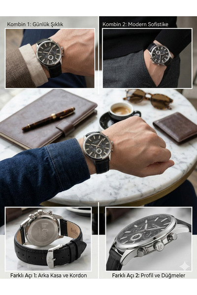 Lee Cooper ساعة يد لندن للرجال - تصميم كلاسيكي متعدد الوظائف مع حزام أسود جلد