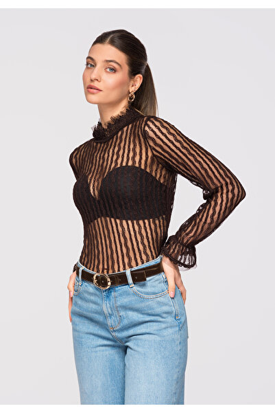 OMBRE Γυναικείο Δαντελένια Μπλούζα εφαρμοστή OW-TS-E0014 Καφέ