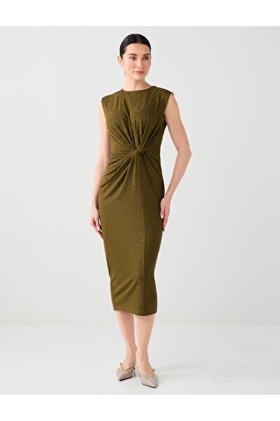 Jimmy Key Koyu Yeşil Bisiklet Yaka Kolsuz Büzgü Detaylı Örme Midi Elbise