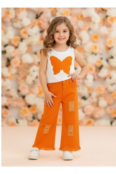Yağmurun Butiği Girl's Pink Butterfly Appliqué Strap Blouse and Flared Pants Set