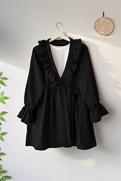 MODAQU Collar Ruffled Side Rope Tie Kimono - Black