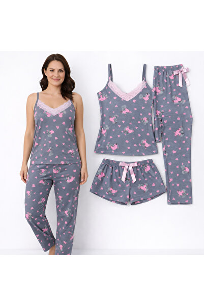 Melff Navy Blue Heart Patterned Lacy Viscose Stretch Fabric Fabric 3-Piece Wo...