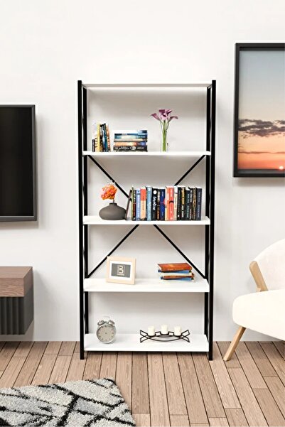 BARIN DESIGN 5 Raflı Kitaplık Metal Çerçeveli Modern Raf - Çalışma Odası, Ofi...