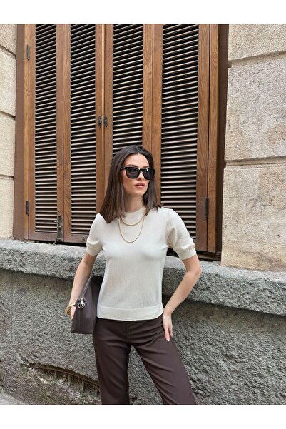 yeditepe fashion Solid Color Elitli Basic Short Sleeve Knitwear