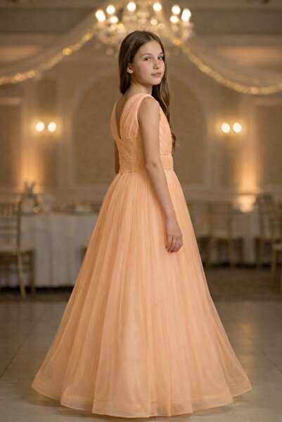 Zaziko Kids Rochie de seară lungă pentru fete, cu decolteu în V și detaliu br...