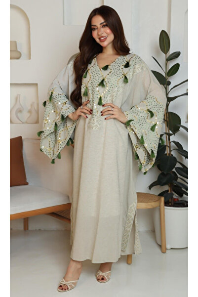 TREN Premium Burlap Evening Kaftan with Shimmering Gold Sequins and Emerald G...