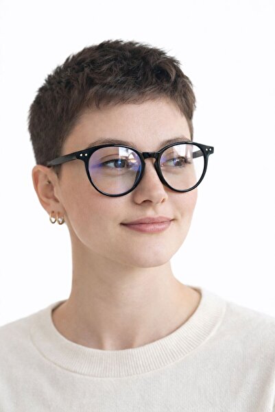 mirvia Blue Light Protective Glasses Black Round Frame Gold Detail Transparen...