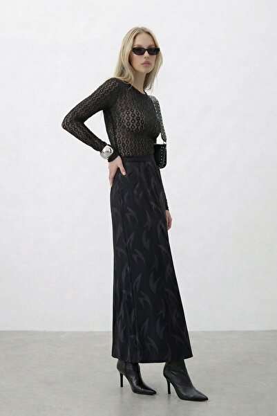 VAGGON Yüksel Bel Patterned Satin Midi Skirt