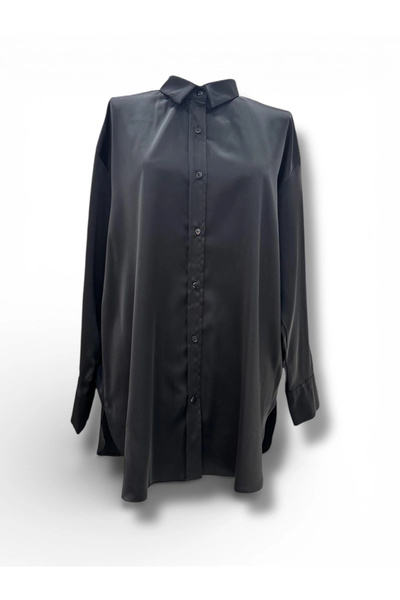 Butik Our Black Oversized Satin Fabric Shirt Model