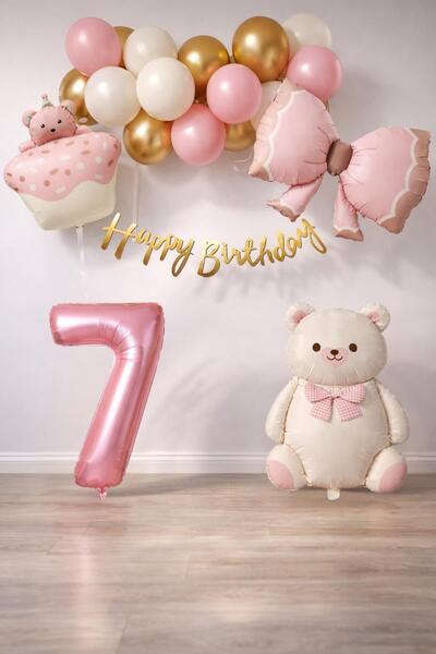 Patladı Gitti Ρετρό Σετ Γενεθλίων για Κοριτσάκι 7 ετών με Αρκουδάκι και Θεματ...