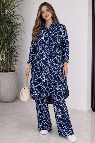 ikomteks Patterned Viscose Tunic Pants Double Set