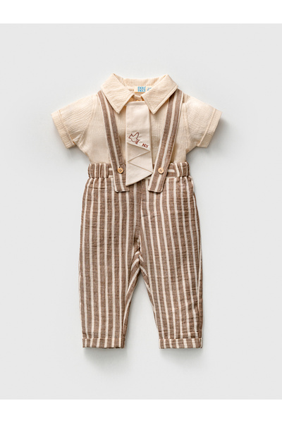 NoyNoy Baby Erkek Bebek Müslin Salopet Takımı - Çizgili Askılı Pantolon, Göml...