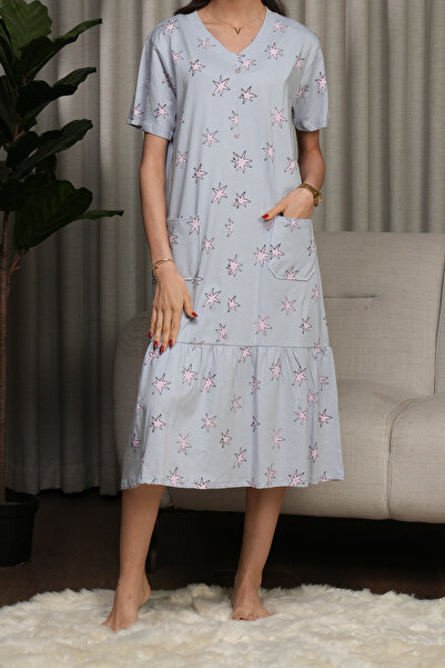 hendam فستان منزلي (قميص نوم) نسائي ميدي مطبوع - أزرق فاتح بنقشة نجوم وردية