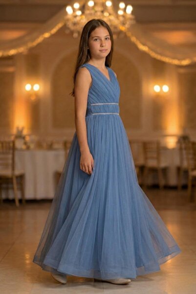 Pina Kids Rochie de seară lungă pentru fete, cu decolteu în V și detaliu brod...