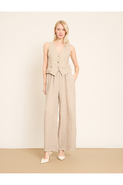 BGN workshop Wide Leg Elastic Waist Detailed Striped Linen Pants