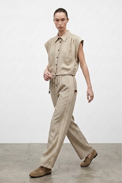 Quzu Nakışlı Boru Paça Keten Pantolon Bej