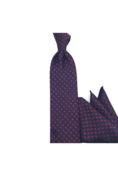 Sade Kravat Navy Blue Claret Red Tie with Plaid Handkerchiefs 33287 Claret Red