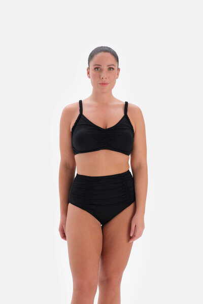 Eros Büyük Beden Kaplı Büzgü Detaylı Sabit Pedli Siyah Bikini Takım