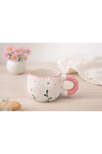 Çağ Seramik كوب سيراميك مصنوع يدويًا من باباتيا منقوش – كوب قهوة كريمي بمقبض ...